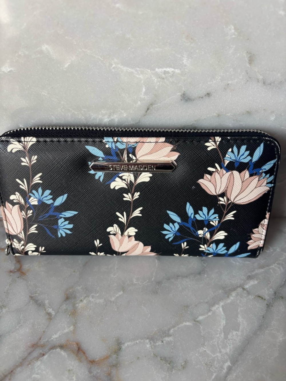 Steve Madden Black Floral Zip Wallet with Pink & Blue Accents